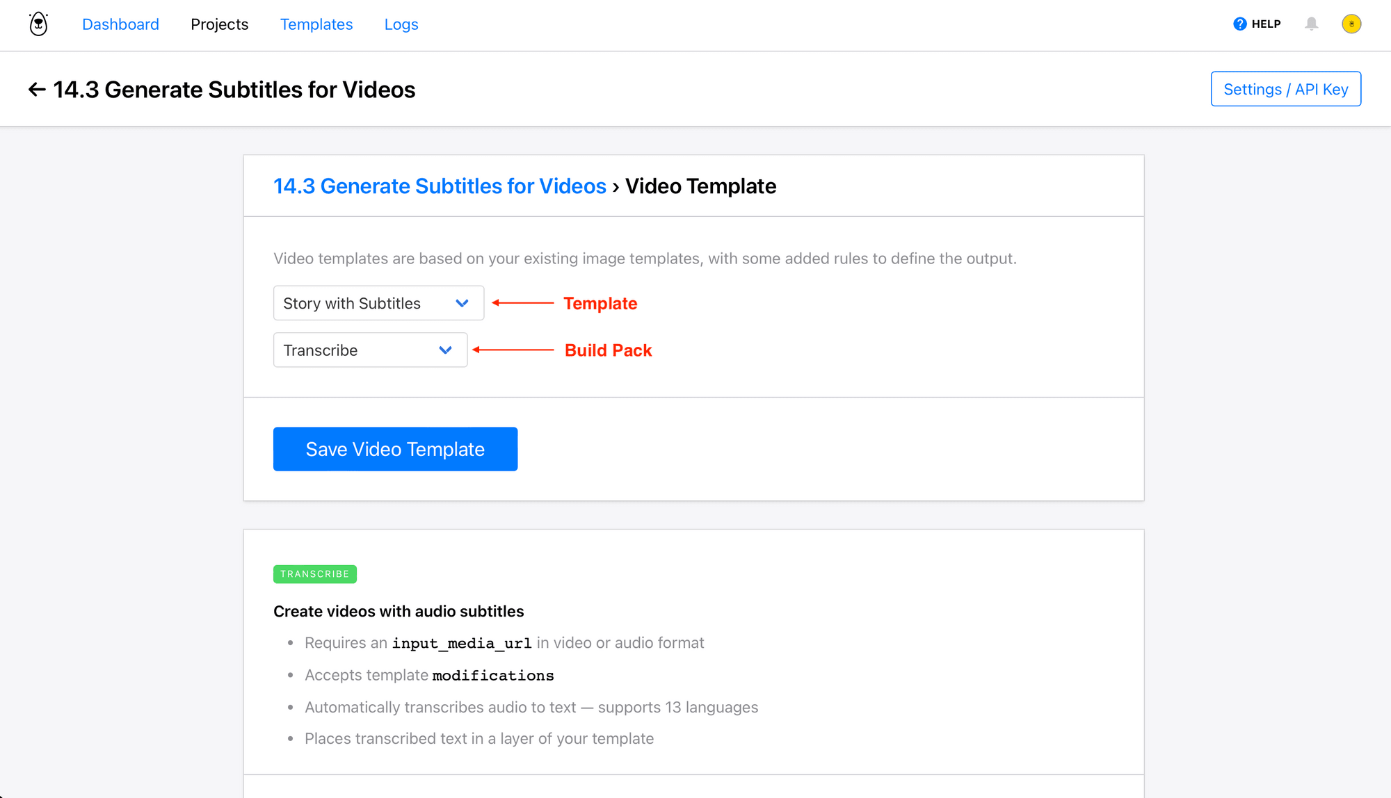 Screenshot of Bannerbear transcribe video template setup with template and build pack pointed out in red
