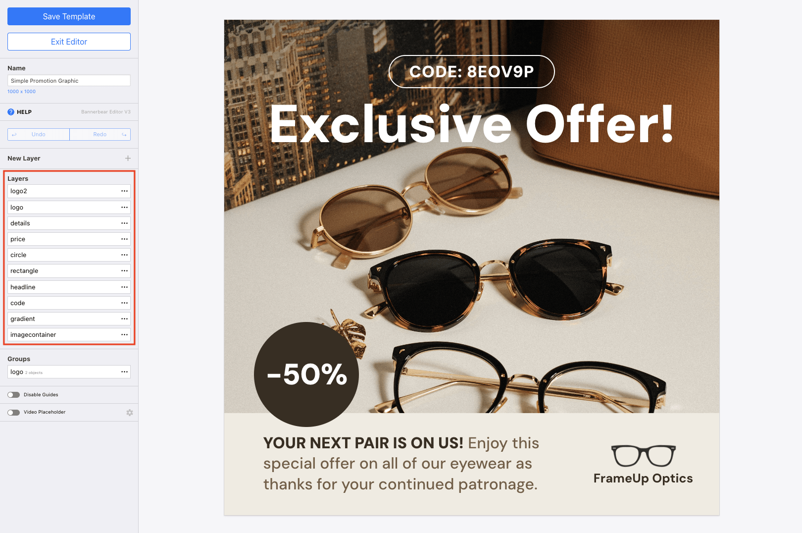 Screenshot of Bannerbear template editor with layers outlined in red