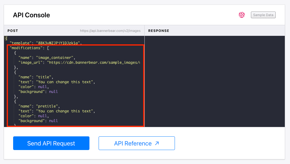 Screenshot of Bannerbear API console with modifications section outlined in red