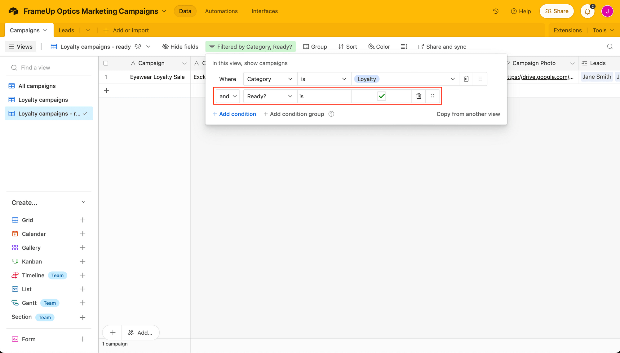 Screenshot of Airtable filters with ready outlined in red